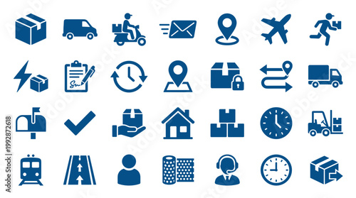 Logistics and delivery icons set representing shipping transportation and supply chain services with various transport modes and package handling symbols
