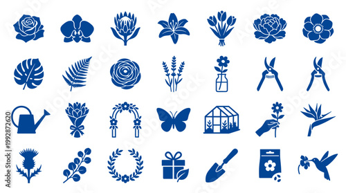 Collection of blue floral and garden icons representing nature, plants, flowers, and gardening tools for design and illustration