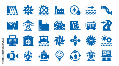 Collection of blue renewable energy and hydroelectric power icons representing sustainable power generation and industrial infrastructure