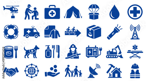 Collection of blue icons representing emergency services disaster relief humanitarian aid and rescue operations including helicopter ambulance first aid tent communication and support symbols