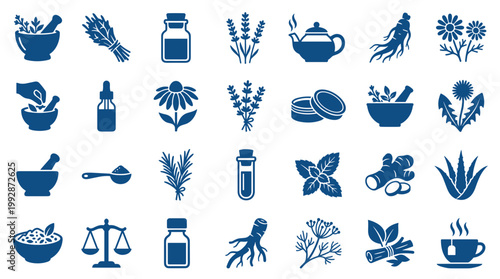Herbal medicine icons set representing natural remedies and alternative healthcare with plants roots and essential oils for wellness and healing