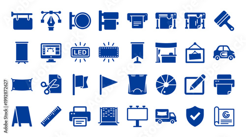 Collection of blue graphic design and printing industry icons representing advertising signage banners digital displays and print production services