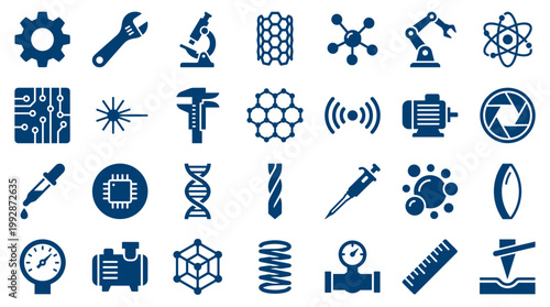 Collection of engineering and science icons representing innovation technology industry and research with gears circuits microscopes and DNA symbols