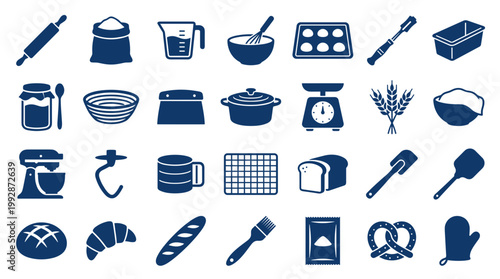Collection of baking and cooking icons representing kitchen utensils and ingredients for homemade food preparation and culinary arts