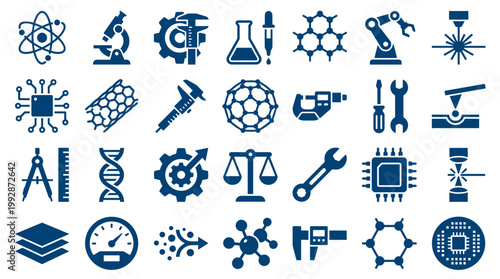 Collection of science and technology icons representing innovation research and engineering concepts with futuristic digital elements
