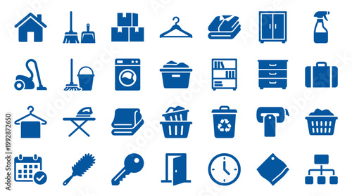 Collection of blue cleaning and household icons representing organization storage and home maintenance tasks with a modern flat design style