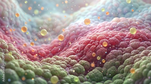 Microscopic view of vibrant skin cells with floating spheres of nutrients and vitamins, representing health and cellular regeneration, detailed skin texture background.