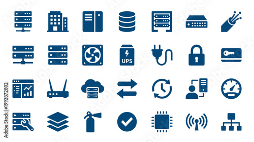 Collection of modern flat icons representing data center technology cloud computing network security and IT infrastructure elements