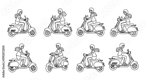 Line art illustration of scooters travel accessories and coffee cups