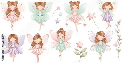 Seven whimsical fairies with flowers and stars on white background in pastel colors
