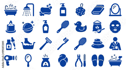 Collection of blue bathroom and personal hygiene icons representing self care and spa treatments