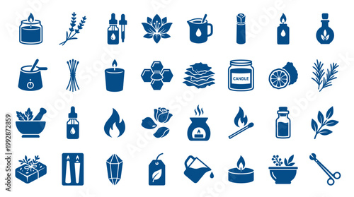 A collection of blue icons representing aromatherapy spa and wellness items including candles herbs essential oils and crystals for relaxation and self care