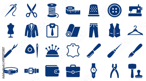 Collection of sewing and tailoring icons representing fashion design tools and clothing creation accessories on a blue background