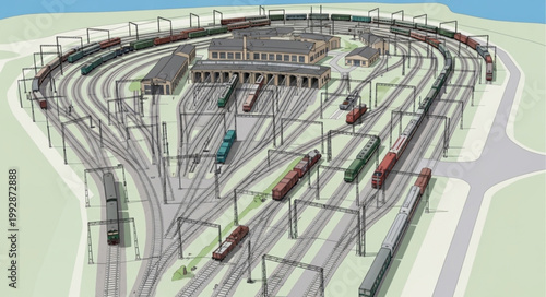 Aerial View of a Complex Train Yard with Multiple Tracks and Wagons.