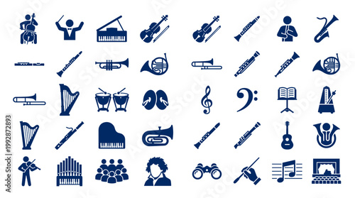 Collection of musical instrument icons and symbols representing orchestra and classical music performance and education