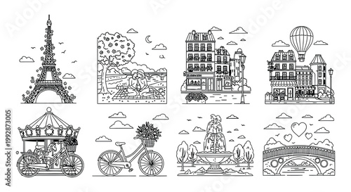 Parisian landmarks and romantic scenes in a linear illustration style