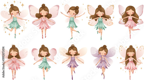 Eight whimsical fairy illustrations in various pastel colors and poses