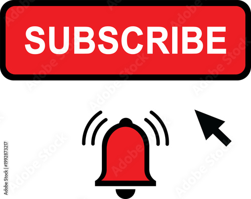 Subscribe, Bell button And Cursor. Red button Subscribes to the channel. Transparent Background