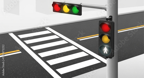 Traffic light and crosswalk on a city street.