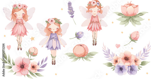 Whimsical illustrations of female fairies surrounded by flowers and buds in soft pastel colors