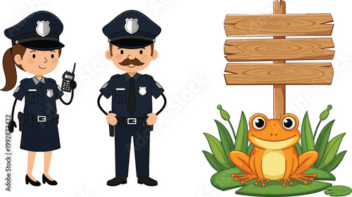 Police officers male and female with radio wooden signboard and cute frog cartoon characters vector illustration set for design
