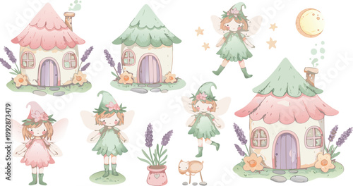 Whimsical illustration of fairy tale houses and magical female characters in a dreamy setting with pastel colors and plants