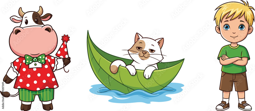 Fototapeta premium Cute cow in dress party hat cat relaxing on leaf boat and smiling boy cartoon vector illustration character set