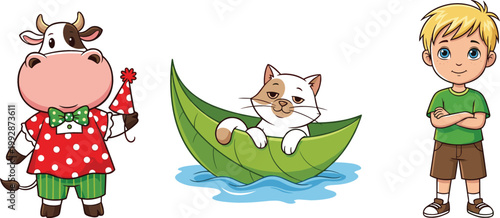 Cute cow in dress party hat cat relaxing on leaf boat and smiling boy cartoon vector illustration character set