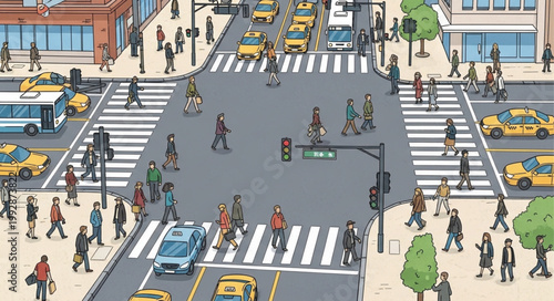 Busy City Street Intersection With Many Pedestrians and Cars.