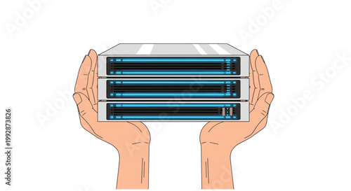 Human hands carefully holding a stack of server racks with glowing blue lights, representing secure data, cloud technology, and IT solutions.
