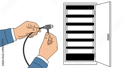 Hands connecting a network cable to an open server rack or electrical panel, illustrating IT infrastructure setup, installation, and maintenance procedures.