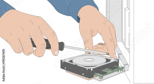 Close-up of hands using a screwdriver to install a hard drive into a computer case, illustrating computer repair and upgrades.
