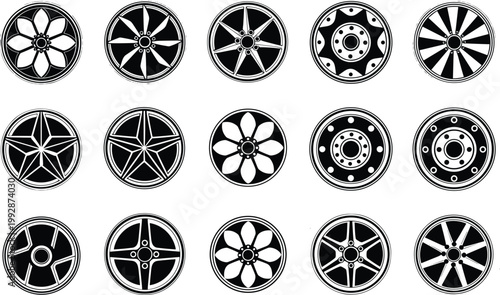 Car wheel rim vector icon set with various alloy designs, spoke patterns and automotive wheel silhouettes in black flat style illustration