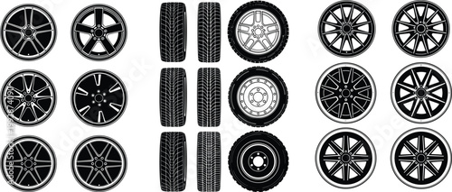 Car wheel vector set with alloy rims, tires, different spoke designs and automotive wheel icons in detailed black silhouette style illustration