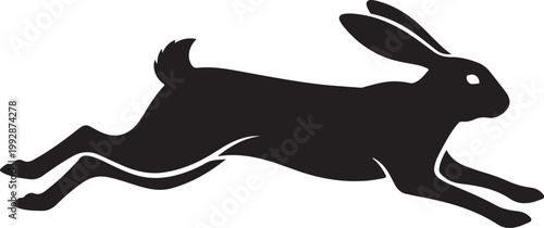 Black running rabbit silhouette, fast hare icon, vector animal graphic, speedster mammal