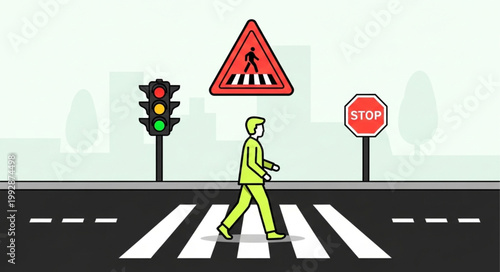 Man crossing street at pedestrian crossing with traffic signals and signs.