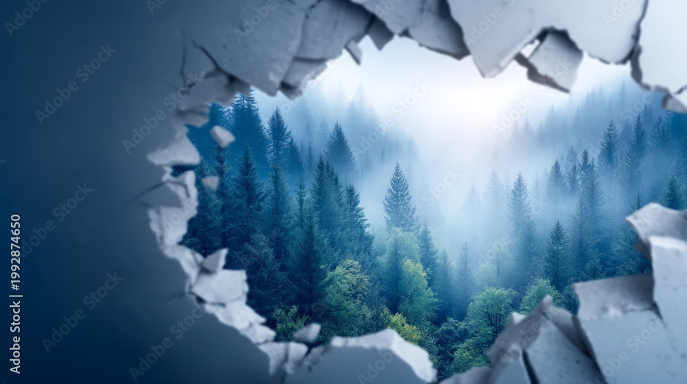 Fototapeta premium Fog-Covered Forest Visible Through Ruptured Wall Panel