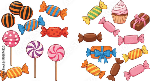 Colorful candy sweets vector set with lollipops, wrapped candies, chocolate treats, cupcake and desserts in playful cartoon flat style illustration