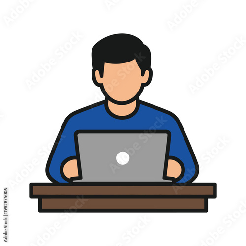 Man Working on Laptop Computer at Desk, Flat Icon Style