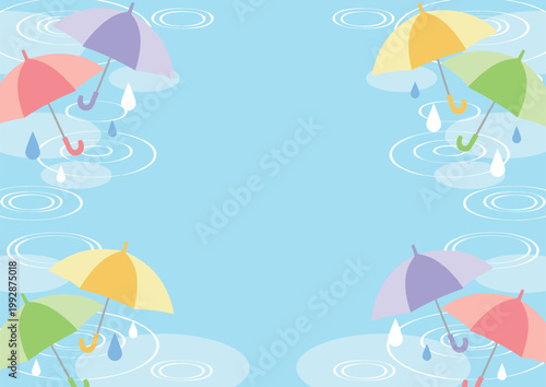 梅雨背景、傘、青、水たまり、かわいい、横