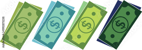 Colorful dollar banknotes vector illustration set with different cash bills in flat minimal style isolated on clean background