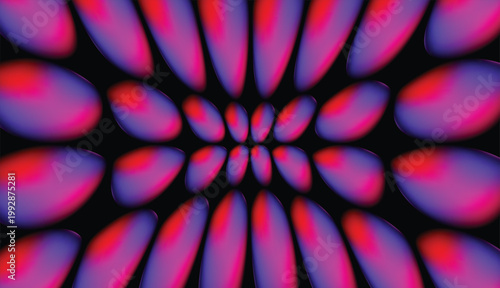 A symmetrical and immersive abstract digital composition featuring a radial arrangement of elongated, organic shapes that converge toward a central point against a pitch-black background. 