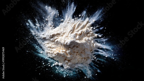 White flour dispersing with powder splash on black backdrop
