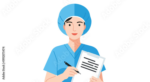 Medical professional, doctor, nurse, healthcare worker, blue scrubs, vector illustration