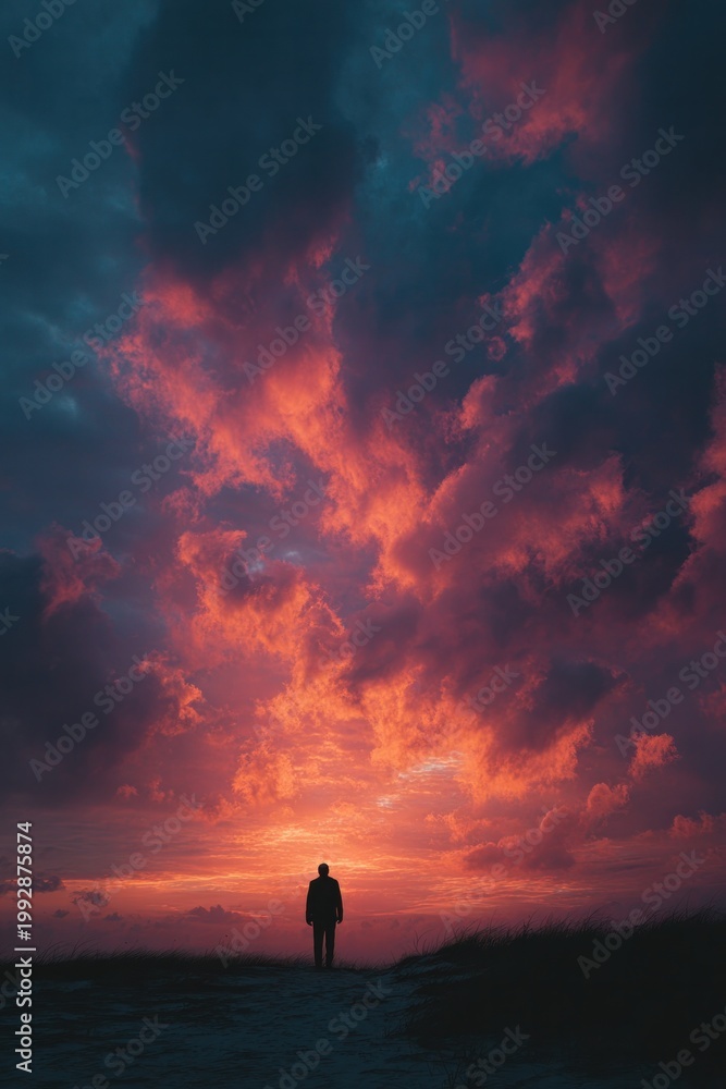 Obraz premium Silhouette of person standing under dramatic sunset sky