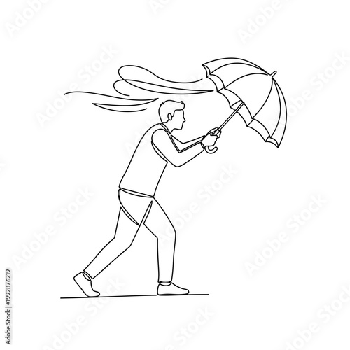 Man struggling with umbrella in strong wind, continuous line drawing