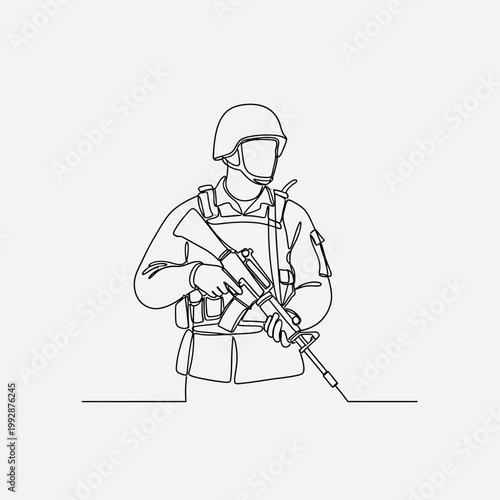 One Line Drawing Soldier with Rifle and Helmet, Military Concept