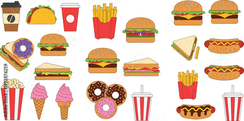 Fast food and snacks vector icon set with burgers, fries, donuts, hot dogs, sandwiches, coffee and desserts in colorful cartoon flat style