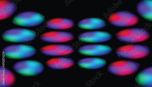 A balanced and rhythmic abstract digital composition featuring a horizontal arrangement of oval-shaped organic forms that create a sense of steady flow against a pitch-black background.