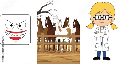 Angry emoji face horses in farm fence and girl scientist character cartoon vector illustration set isolated diverse design elements collection